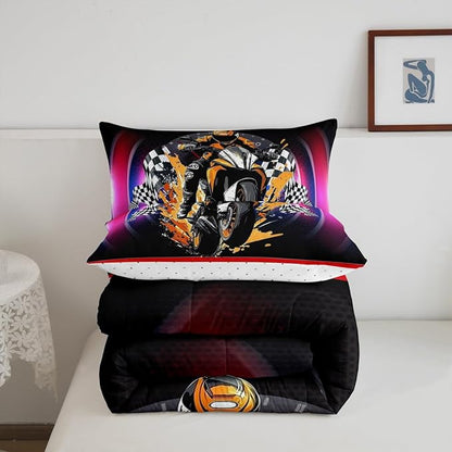 Feelyou Dirt Bike Comforter Set Toddler Size Flag Comforter Racing Motocross Rider Bedding Set Extreme Sports Duvet Set Room Decor Black Purple Quilt Set