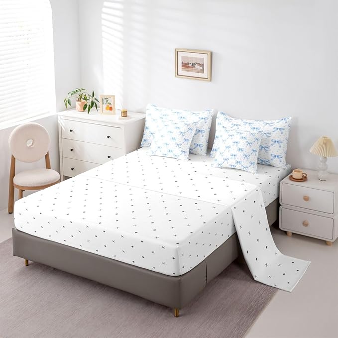 Erosebridal Bowknot Girls Blue Kawaii 7 Piece Bedding Set Twin | Cute Bow Comforter Set with Sheets Princess Bed in A Bag Starry Bed Sets