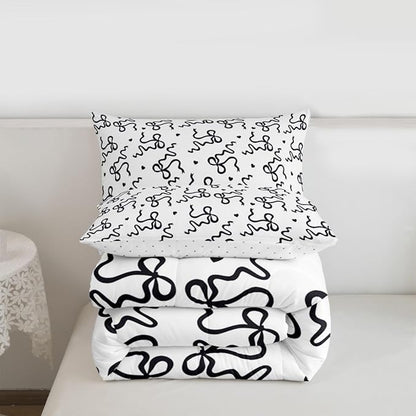 Castle Fairy Bow Love Heart Print Comforter Set Twin Size,Black Bowknot Bedding Sets 2Pcs for Kids Girls Women Room Decor,Butterfly Tie Knot Quilted Duvet Princess Girly Down Comforter,1 Pillowcase