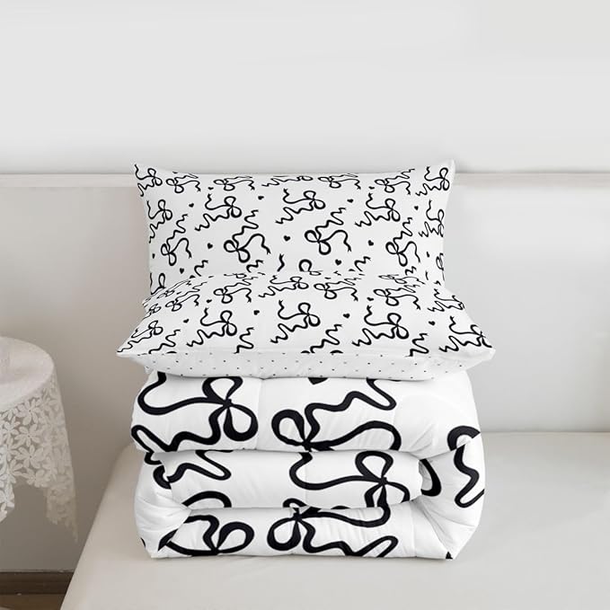 Castle Fairy Bow Love Heart Print Comforter Set Queen Size,Black Bowknot Bedding Sets 3Pcs for Kids Girls Women Room Decor,Butterfly Tie Knot Quilted Duvet Princess Girly Down Comforter,2 Pillowcases