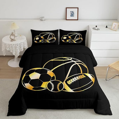 Feelyou Football Sports Comforter Set King Size Soccer Ball Game Comforter for Boys Girls Teens Basketball Bedding Set Baseball Duvet Set Room Decor Dull Black Mixed Ball Quilt Set