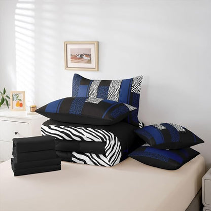 Erosebridal Leopard Print Stripes Blue Black King 7-Piece Comforter Set | Geometric Sheets and Pillowcases Zebra Cheetah Wild Animal Skin Bed in A Bag Women Men Adults Bed Sets