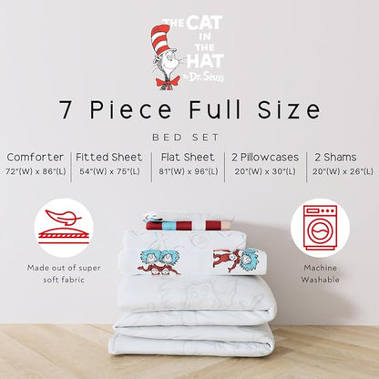 Dr. Seuss Cat in The Hat Kids Bedding, 7 Piece Full Bed Set, Soft Cozy Reversible Comforter and Sheet Set with Sham, Officially Licensed Product by Franco