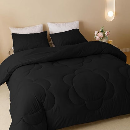 CLOTHKNOW Black Queen Comforter Set 3Pcs Daisy Puff Bedding Comforter Sets Boho Black Comforter Queen Size