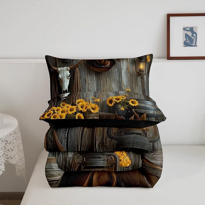 Feelyou Brown Western Aztec Comforter Set Toddler Size Kids Bull Skull Duvet Quilt for Boys Girls Teens Wild Cowboy Boots Farmhouse Rustic Sunflower Bedding Set Soft Room Decor 2Pcs
