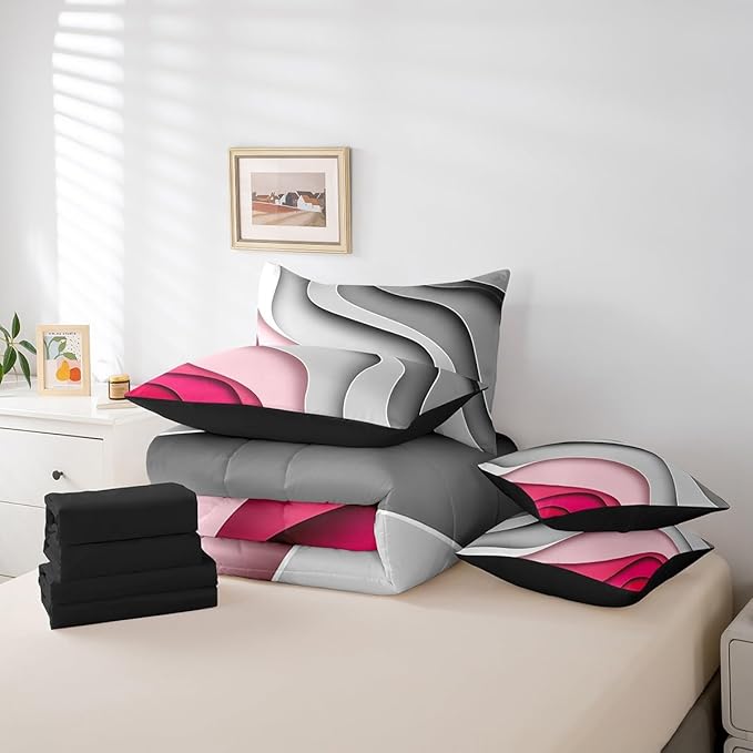 Erosebridal Grey Hot Pink Gradient Bed in a Bag 7-Piece for Girls Geometric Stripe Bedding Set, Aesthetic Wave Twin Size Comforter Set Modern Abstract Bedding Comforter Sets, Ombre Bed Set