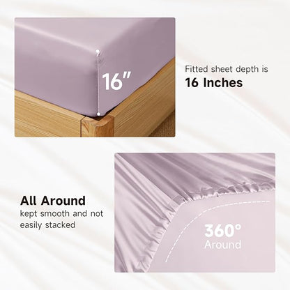 THXSILK Luxury Mulberry Silk Bed Sheets Set - 4pcs Silk Sheets Set 16" Deep Pocket - 1 Flat Sheet, 1 Fitted Sheet, 2 Pillowcases with Zipper Closure - Full, Light Purple