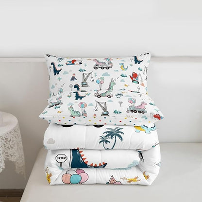 Cartoon Dino Excavator Comforter Set Twin Size, Cartoon Car Dinosaur Construction Comforter Set Kids toddler Construction Vehicles Comforter Construction Site Cars Duvet Set Microfiber Quilt Set