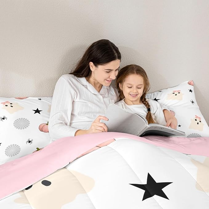 Erosebridal Kids Halloween Ghost King Bedding Set, Pink Pumpkin Comforter Set for Girls Boys Teens Women Cute Halloween Decor, Funny Ghost Spider Web Comforter Star Quilt