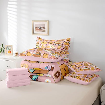 Funny Cute Capybaras 7 Pieces Bedding Set King Size,Capybara Lover Bed in a Bag,Kawaii Rodent Animals Bed Set Includes Comforter,Sheet Set,Pillowcases & Pillow Covers,Cakes Ice Creams Bedroom Decor