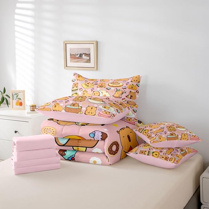 Funny Cute Capybaras 7 Pieces Bedding Set Twin Size,Capybara Lover Bed in a Bag,Kawaii Rodent Animals Bed Set Includes Comforter,Sheet Set,Pillowcases & Pillow Covers,Cakes Ice Creams Bedroom Decor