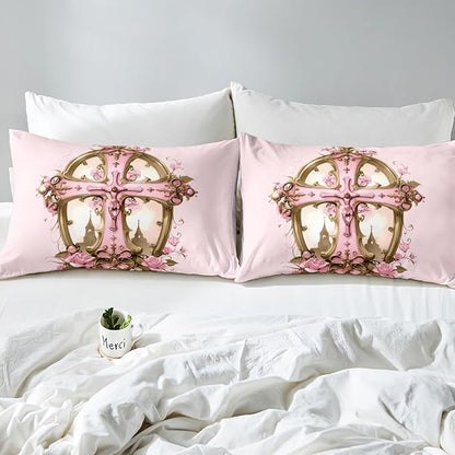 Erosebridal The Cross Theme Comforter Set, Patriotic Style Bedding Set Full Size for Kids Girls Women Bedroom Decor, Rose Flower Down Comforter Romantic Floral Quilt for All Season, Pink