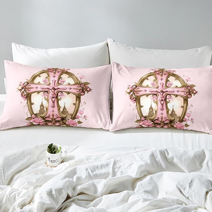 Erosebridal The Cross Theme Comforter Set, Patriotic Style Bedding Set Toddler Size for Kids Girls Women Bedroom Decor, Rose Flower Down Comforter Romantic Floral Quilt for All Season, Pink