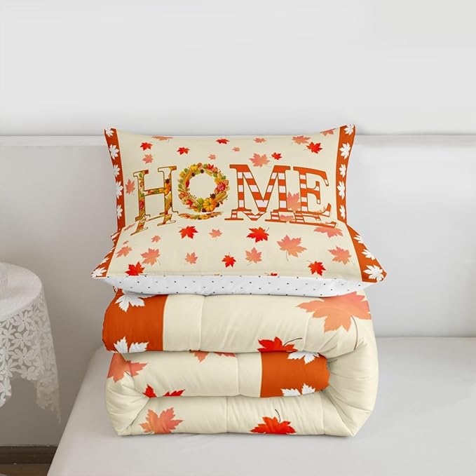 Fall Decor For Bedroom,Maple Leaf Pumpkin Wreaths Comforter Set Twin Fall Thanksgiving Quilt Bedding Sets For Home,Rustic Farmhouse Comforter Soft Lightweight For All Season Orange 1 Pillow Case