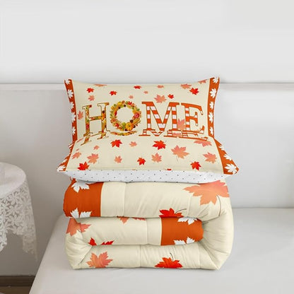 Fall Decor For Bedroom,Maple Leaf Pumpkin Wreaths Comforter Set Twin Fall Thanksgiving Quilt Bedding Sets For Home,Rustic Farmhouse Comforter Soft Lightweight For All Season Orange 1 Pillow Case