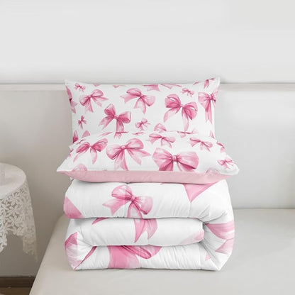 Feelyou Pink Bow Kids Comforter Set Twin Size Cute Bowknot Bedding Set Princess Decor Duvet Quilt for Kids Boys Girls Bedroom Kawaii Decor Microfiber Ultra Soft Breathable