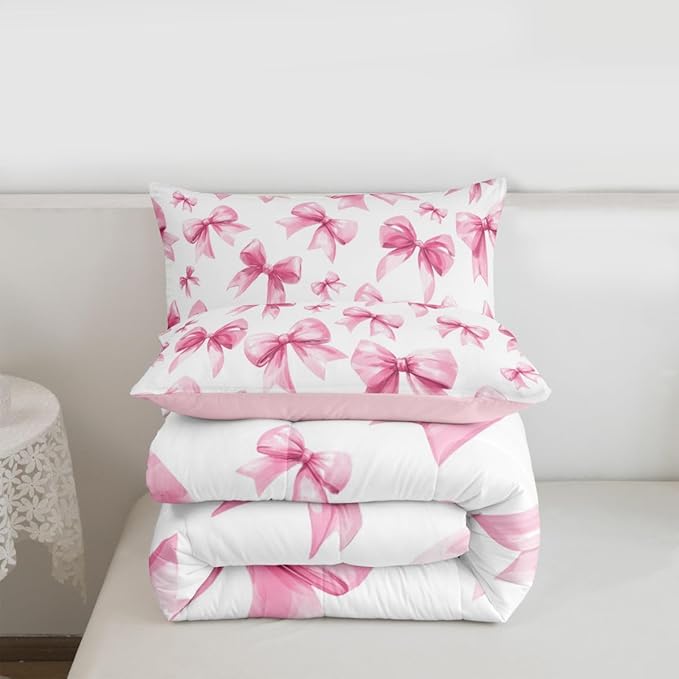 Feelyou Pink Bow Kids Comforter Set King Size Cute Bowknot Bedding Set Princess Decor Duvet Quilt for Kids Boys Girls Bedroom Kawaii Decor Microfiber Ultra Soft Breathable
