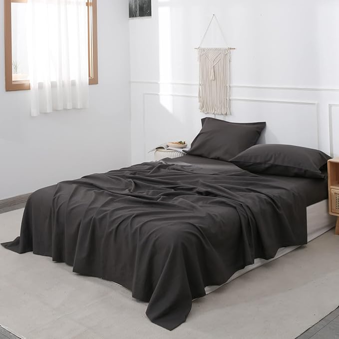 Simple&Opulence Belgian Linen Sheet Set Solid Color - 4 Pieces (1 Flat Sheet, 1 Fitted Sheet & 2 Pillowcases) Natural Flax Cotton Blend Soft Breathable Farmhouse Bedding - Full Size, Dark Grey
