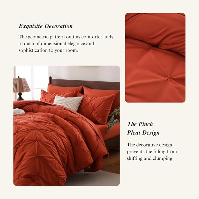 Sheet&Joy Queen Comforter Set, 7-Piece Bed in a Bag, Pintuck Bedding Sets for All Season, Includes Comforter, Flat Sheet, Fitted Sheet, Pillowcases and Pillowshams, Orange