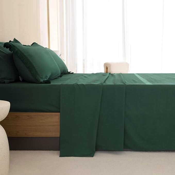 Andency Oversized King Comforter Set with Sheets 128x120 Dark Emerald Green - 7 Pieces Bed in a Bag Boho Soft Lightweight Bedding Set, Tassel Bed Set with Comforter, Sheets, Pillowcases & Shams
