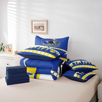 Erosebridal Football City 7 Pcs Comforter Set Twin Football Bedding for Boys Girls Blue Rugby Game Sheet Set Bed in A Bag Football Fans Bedroom Decor Sports Ball Team Bed Set