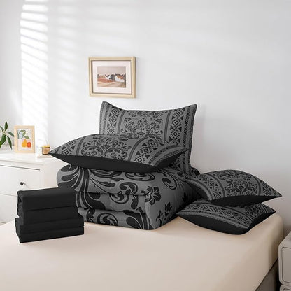Comforter Set Queen Size, Grey Black Aztec Damask 7 Pcs Bedding for Kids and Adults, Victorian Decor Western Baroque Goth Bed Sheet Sets with Fitted Sheet 2 Pillowcases & 2 Shams for Bedroom Bed Decor