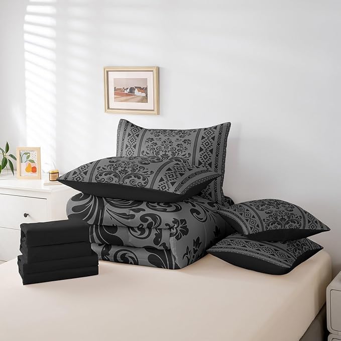 Comforter Set Full Size, Grey Black Aztec Damask 7 Pcs Bedding for Kids and Adults, Victorian Decor Western Baroque Goth Bed Sheet Sets with Fitted Sheet 2 Pillowcases & 2 Shams for Bedroom Bed Decor