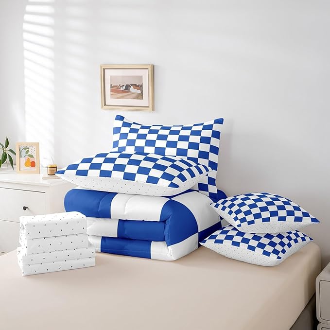 Feelyou Checkered Retro 7 Piece Bedding Set Teen Women Men Blue White Plaid Comforter Set with Sheets Twin Size Kids Boys Geometric Vintage Bed in a Bag Modern Simple Groovy Aesthetic Room Decor