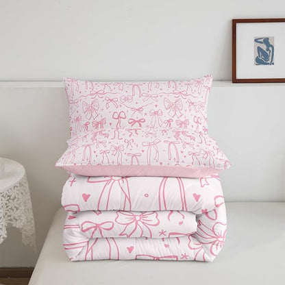 Pink Bowknot Kids Bedding Set King Size,Princess Girl Comforter Set,Cartoon Bow Tie Butterfly Knot Quilt Set Bow Stars Love Pink Sweet Girly Duvet Insert Child Teens Woman Room Decor 3Pcs