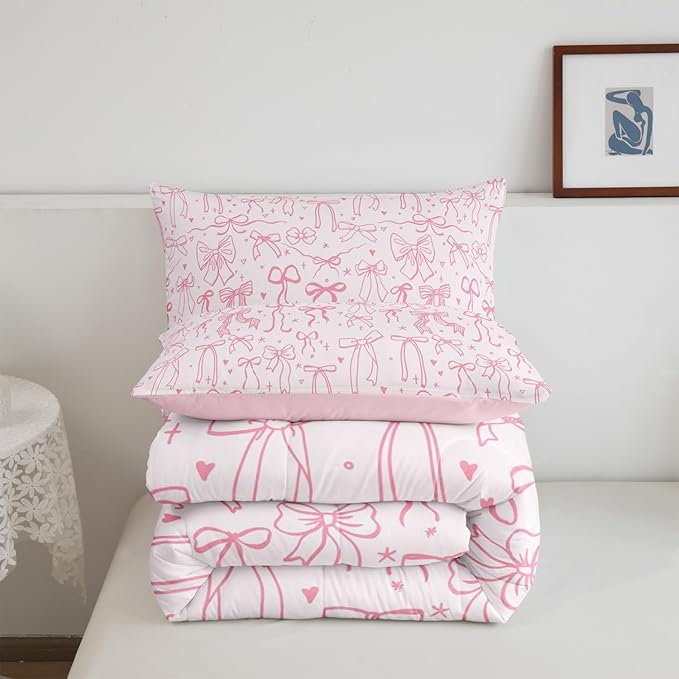 Pink Bowknot Kids Comforter Set Twin Size,Princess Girl Bedding Sets,Cartoon Bow Tie Butterfly Knot Quilt Set Bow Stars Love Pink Sweet Girly Duvet Insert Child Teens Woman Room Decor 2Pcs