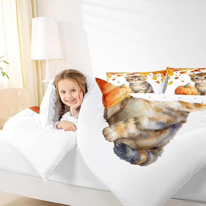 Cute Pumpkin Cat Bedding Sets King Kawaii Watercolor Cat Comforter Set For Kids Boys Girls Autumn Fall Maple Leaf Comforter Thanksgiving Harvest Seasonal Quilt Duvet Orange White 2 Pillow Cases