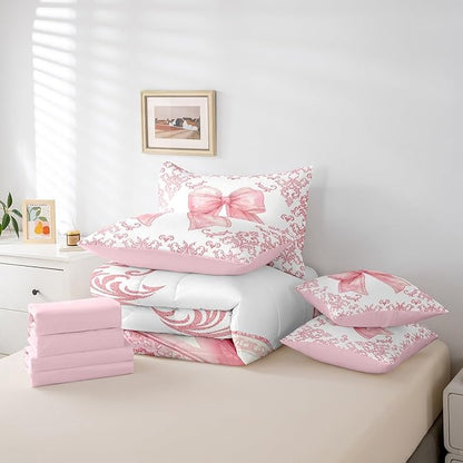 jejeloiu Girls Pretty Ribbon Pink Bow 7 Piece Bedding Set Queen Size Pink Damask Comforter Set with Sheets for Kids Women Cute Bow Bed in a Bag Princess Bed Set