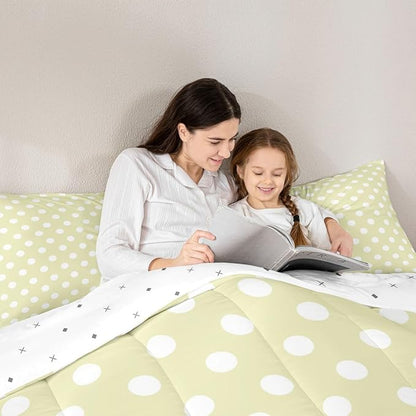 Manfei Polka Dots Comforter Set,Abstract Geometric Circles Simple Art Bedding Set for Adults Living Room,Cartoon French Style Dots Yellow Green White Quilt Set 3 Pcs with 2 Pillowcases,King