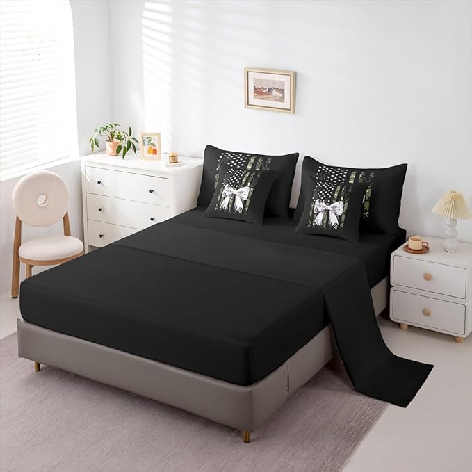 Erosebridal Deer King Comforter Set Elk Bowknot 7-Piece Bed in A Bag Bow Camouflage Antlers American Flag Sheets and Pillowcases Black White Bed Sets