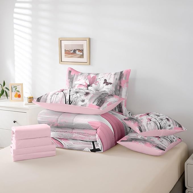 Feelyou Girls Daisy Flower Comforter Set with Sheets Queen Size 7 Pieces Kids Vintage Floral Butterfly Bedding Set for Boys Women Teens Pink Grey White Simple Modern Abstract Art Bed in a Bag