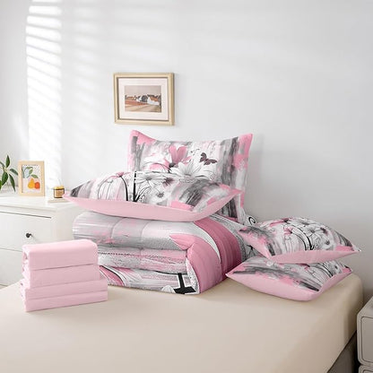 Feelyou Girls Daisy Flower Comforter Set with Sheets Full Size 7 Pieces Kids Vintage Floral Butterfly Bedding Set for Boys Women Teens Pink Grey White Simple Modern Abstract Art Bed in a Bag