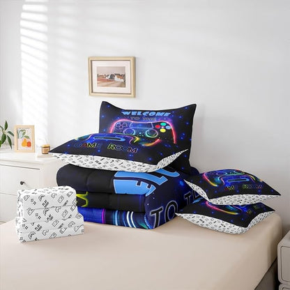 jejeloiu Cool Gamer 7 Piece Bedding Set King Size for Boys 3D Gaming Comforter Set with Sheets Kids Teens Bright Blue Bed in a Bag Modern Game Console Bed Set