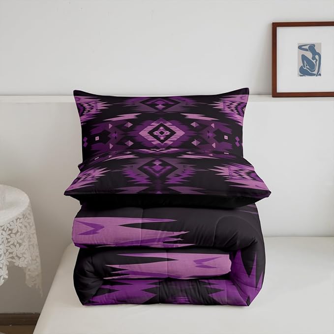 Feelyou Purple Black Southwestern Comforter Set,Geometric Tribal Native American Indian Bedding Set Queen Size,Adult Bedroom Room Decor,Vinatge Exotic Style Stripe Line Comforter,Bed Set