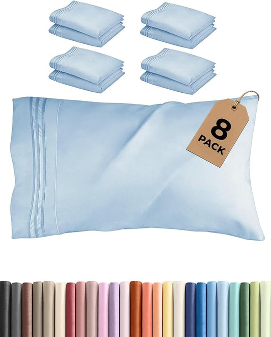 King Pillow Cases Set of 8 - Ultra Soft Hotel Quality Pillowcase Covers - Comfy. Cozy & Wrinkle Free - Shrink, Stain and Fade Resistant - Machine Washable Pillow Protectors - 8 Piece Set - Light Blue