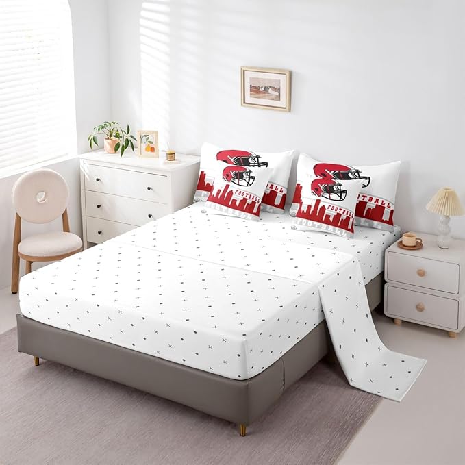 Erosebridal Football City 7 Pcs Comforter Set King Football Bedding Boys Girls Red Grey Rugby Game Sheet Set Bed in A Bag Football Fans Bedroom Decor Sports Ball Competition Quilt