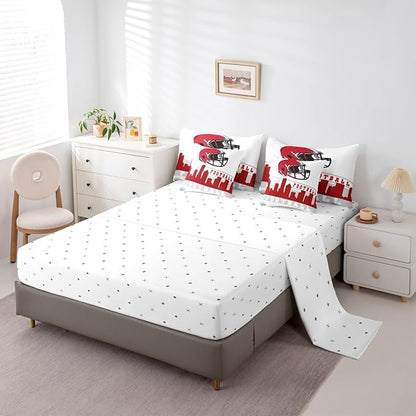 Erosebridal Football City 7 Pcs Comforter Set King Football Bedding Boys Girls Red Grey Rugby Game Sheet Set Bed in A Bag Football Fans Bedroom Decor Sports Ball Competition Quilt