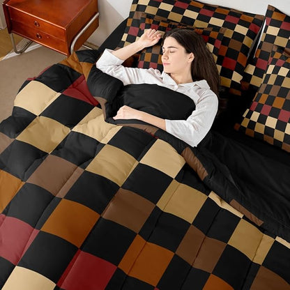 Feelyou Checkered Retro Comforter Set with Sheets 7 Piece Twin Size Brown Red Black Plaid Bed in a Bag Kids Boys Girls Geometric Vintage Bedding Set Modern Simple Groovy Aesthetic Bedroom Decor Soft