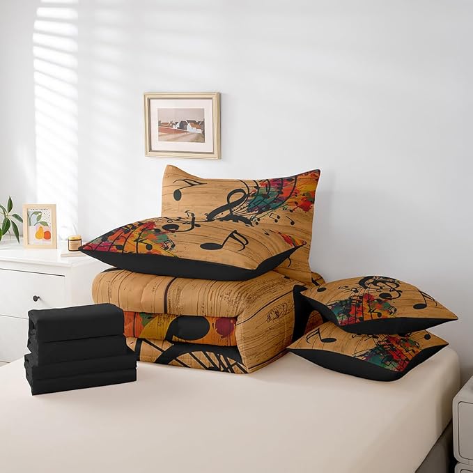 Erosebridal Music Notes 7 Piece Bedding Set Twin Size,Graffiti Music Art Bed in a Bag,Vintage Retro Bed Set Includes Comforter, Sheet Set, Pillowcases & Pillow Covers All Season Bedroom Decor