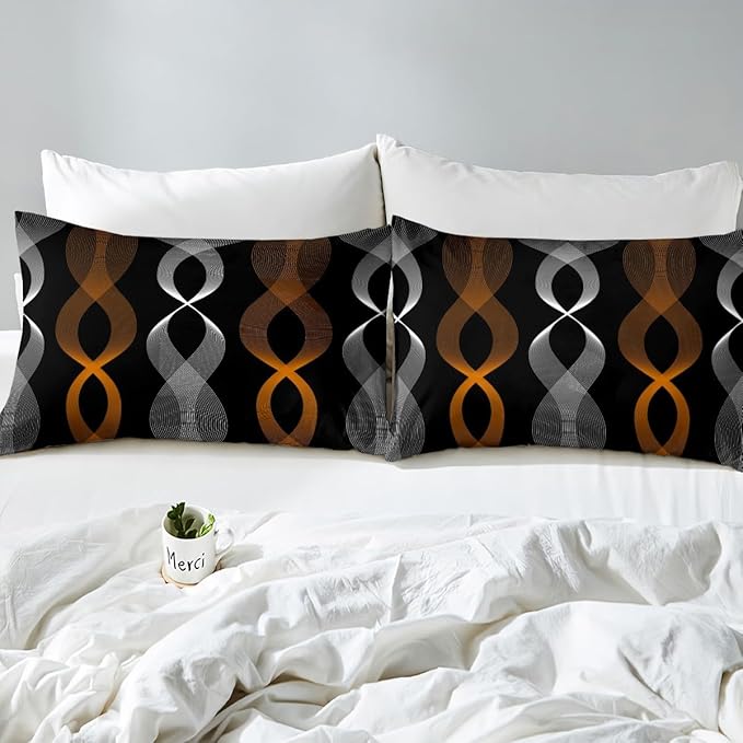 Erosebridal Orange and Black Bedding Set Full, Orange Striped Abstract Comforter Set, Geometric Stripes Artistic Line Comforter for Women Men Teens Bedroom, Contemporary Boho Modern Art Quilt