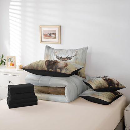Erosebridal Cute Deer 7 Pieces Bedding Set Queen Size | Hunting Deer Comforter Set with Sheets for Kids Boys Girls Rustic Cabin Bed in A Bag with Flat Fitted Sheets Antler Moose Wild Animal Bed Sets