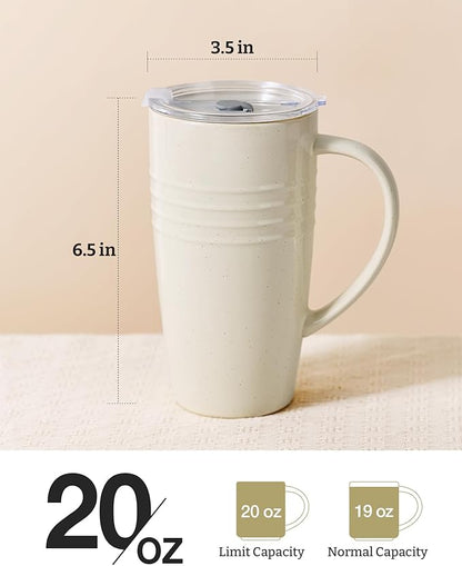famiware Jupiter Large Coffee Mug, 20oz Coffee Mug with Lid, Ceramic Cup with Handle for Latte, Tea, Cocoa, Milk, Home & Office, Microwave and Dishwasher Safe, Vanilla White