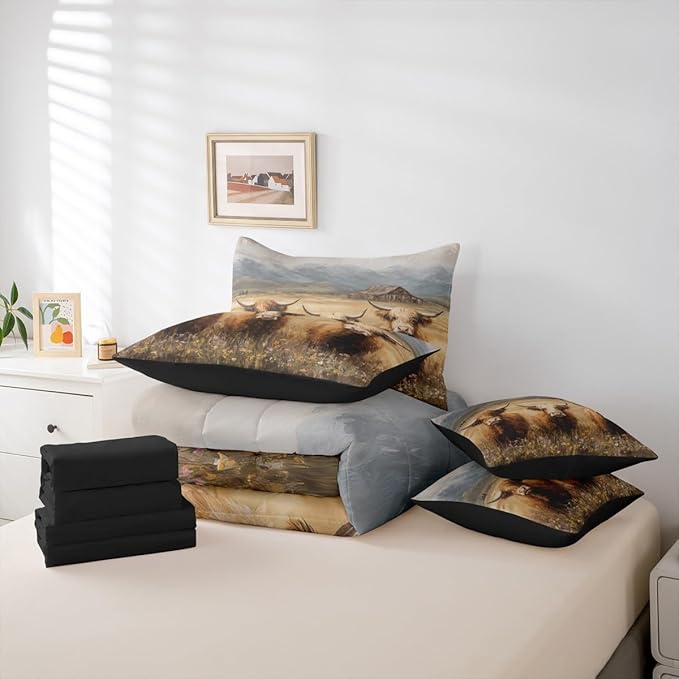 Erosebridal Western Highland Cow Comforter Sets with Sheets, Flower Highland Bull Bedding Set Full for Boys Girls Rustic Farm Animal 7Pcs Bed in A Bag Watercolor Floral Farmhouse Bed Set