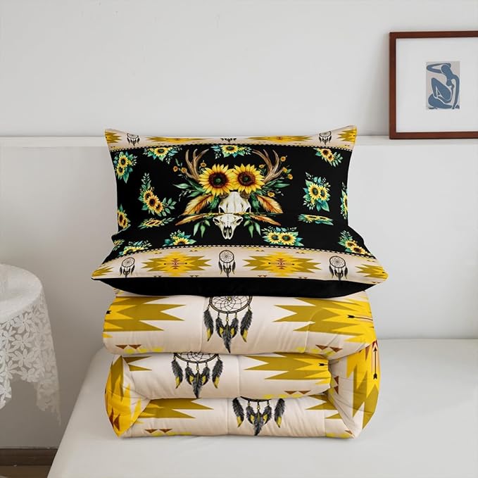 Erosebridal Western Comforter Set King,Sunflower Bull Skull Quilt Boho Floral Bedding Sets,Exotic Dream Catcher Duvet Insert Southwestern Native Indian Tribal Geometric Aztec Western Decor