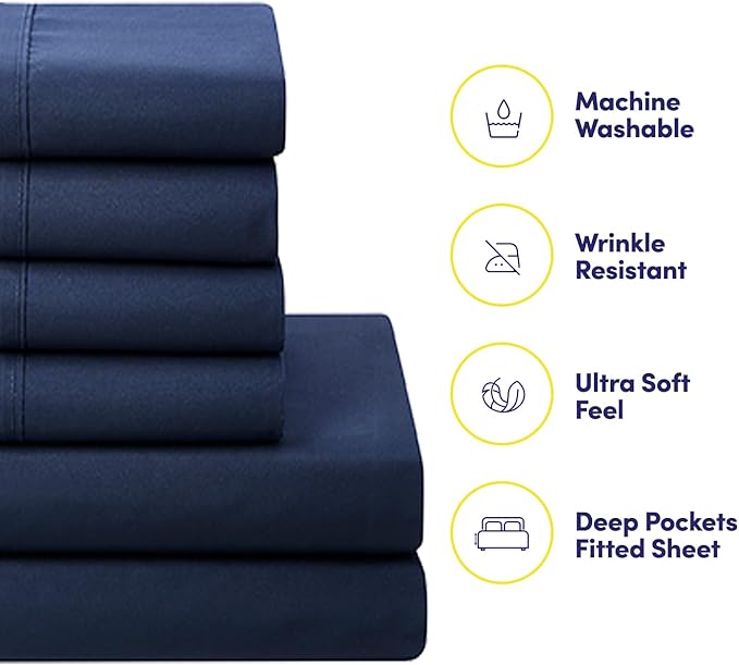 King Size Comforter Set with Sheets - 7-Piece Bedding Collection - 1 Comforter, 1 Fitted Sheet, 1 Flat, 4 Pillowcases - Deep Pocket - Soft & Premium Quality - Ideal for All Seasons, Navy Blue