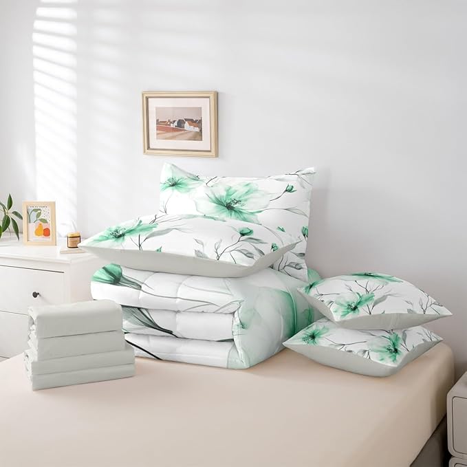 Erosebridal Green Floral Queen Comforter Set with Sheets, Boho Flower 7 Pieces Bedding Set, Ink Painting Style Blossom & Leaf Bed in A Bag, Elegant Watercolor Floral Bed Sets for Adults Women Girls